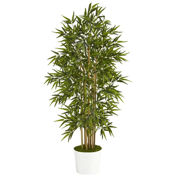 Nearly Natural 64-in Bamboo Artificial Tree in White Tin Planter
