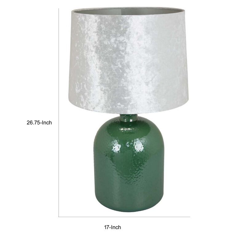 27 Inch Table Lamp, Drum Shade, Round Drop Shaped Glass Body, Green Finish - Benzara