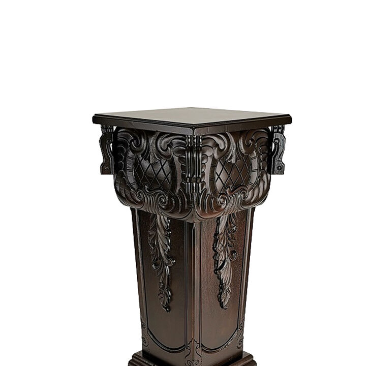 Elegantly Engraved Wooden Frame Pedestal Stand, Dark Brown - Benzara