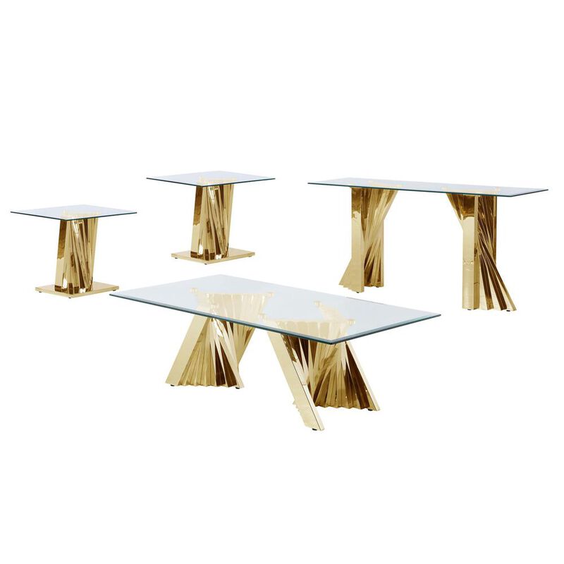 Best Quality Furniture Glass Coffee Table Sets: Coffee Table, 2 End Tables and Console Table with Stainless Steel Gold Base