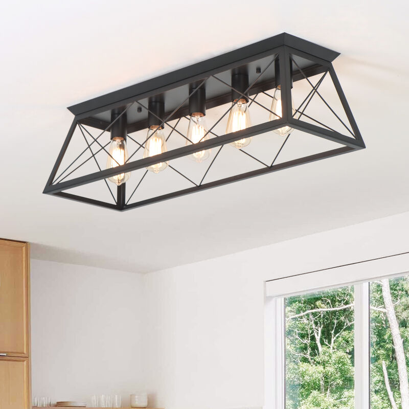 5-Light Flush Mount Lighting Rectangular Farmhouse Caged Low Ceiling Light image number 6