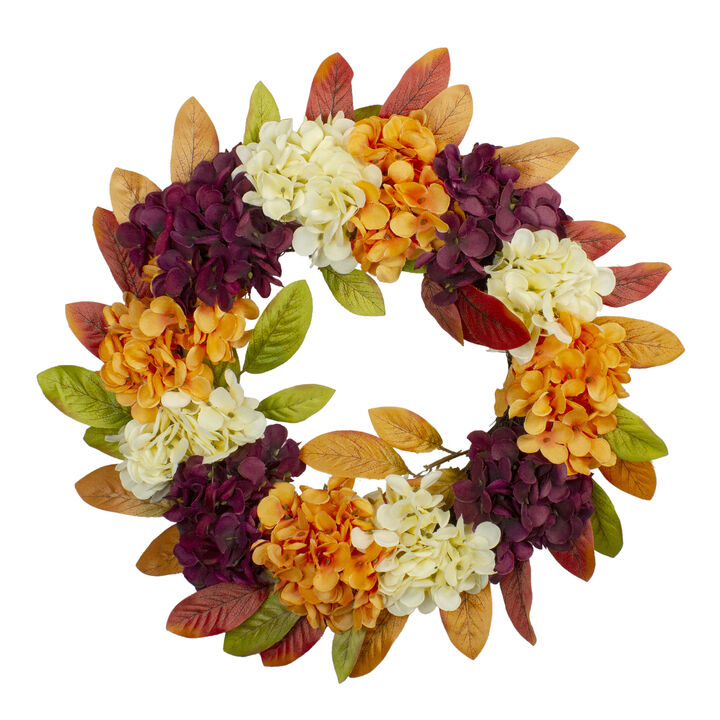 Hydrangeas and Leaves Twig Artificial Floral Wreath  Orange 20-Inch