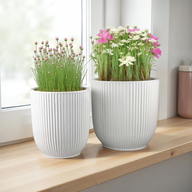 Lyna Accent Planter Set of 2, White Ceramic, Vertical Ribbed Texture - Benzara