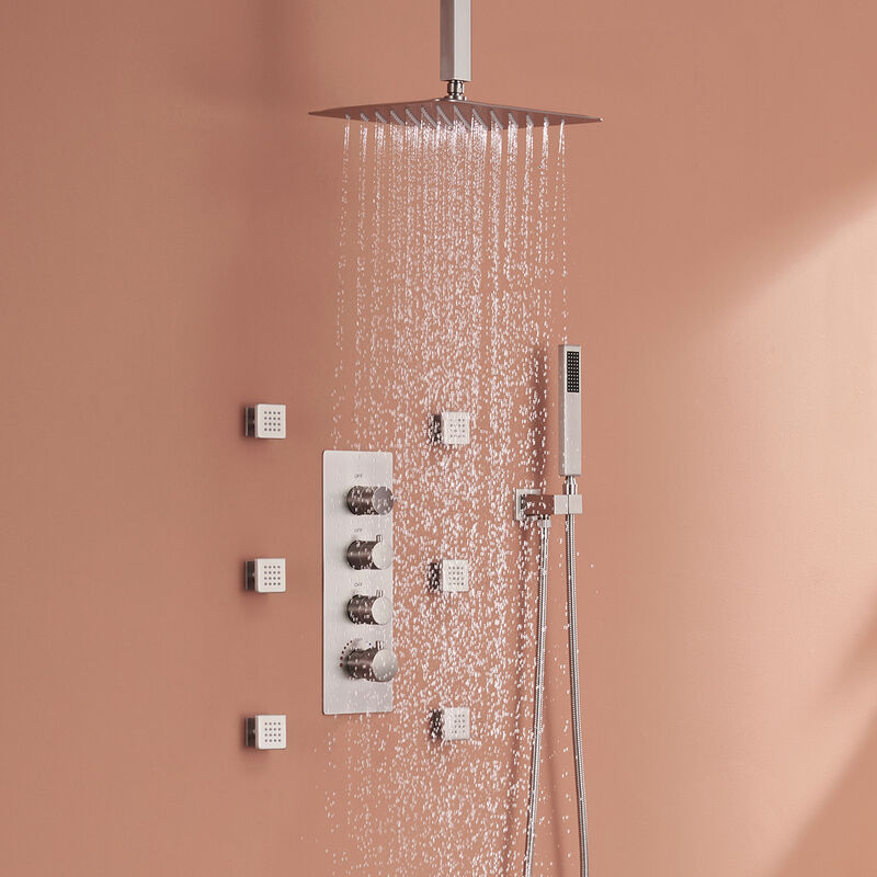 Mondawe 3 Functions Ceiling Mounted Thermostatic Shower System with 6 Body Jets and Rough-in Valve in Chrome