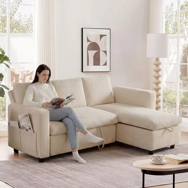 2 in 1 Pull Out Sleeper Sofa with Storage Chaise C Sectional Couch with USB Ports for Living Room