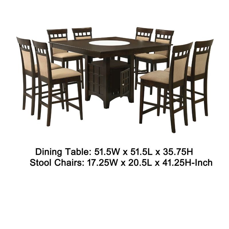 Uric Counter Height Dining Table w Wine Storage, 8 Lattice Chairs Set, Brown, Tan image number 5