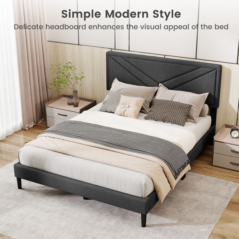 Fabric Upholstered Platform Bed with Tufted Headboard and Durable Wood Slat Support