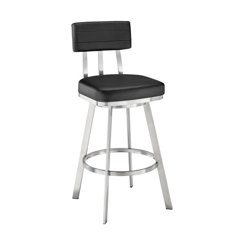 Col 26 Inch Swivel Counter Stool, Black Faux Leather, Stainless Steel Frame - Benzara image number 1