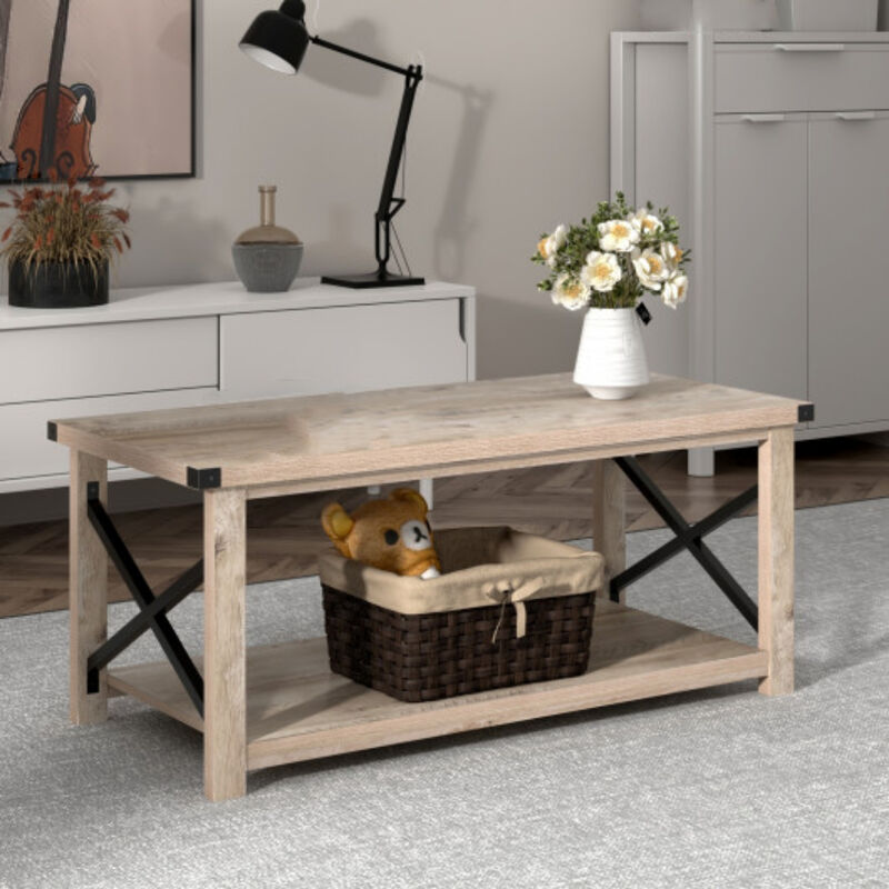 Rustic Accent Coffee Table Metal X Shaped Side Cocktail Table with Storage Shelf