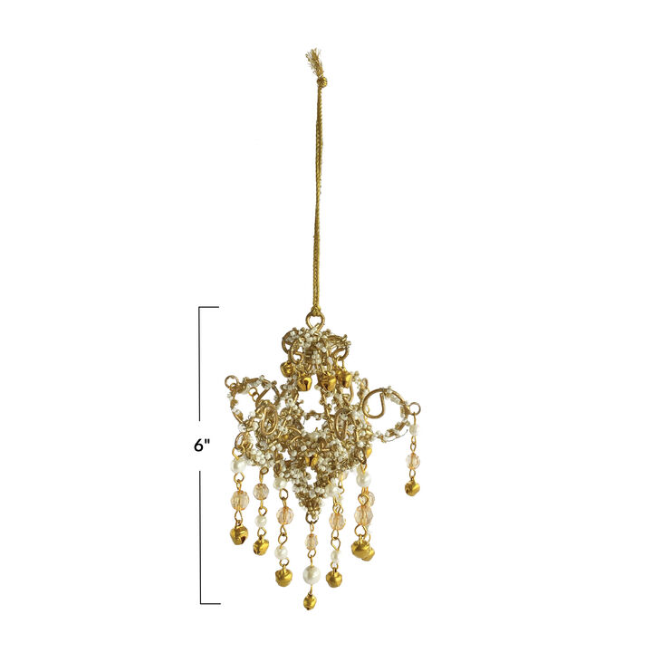 Handmade Metal, Glass and Acrylic Beaded Chandelier Ornament, Gold Finish