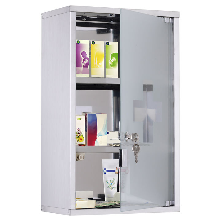Stainless Steel Medicine Cabinet Wall Mount Frosted Door Lockable First Aid