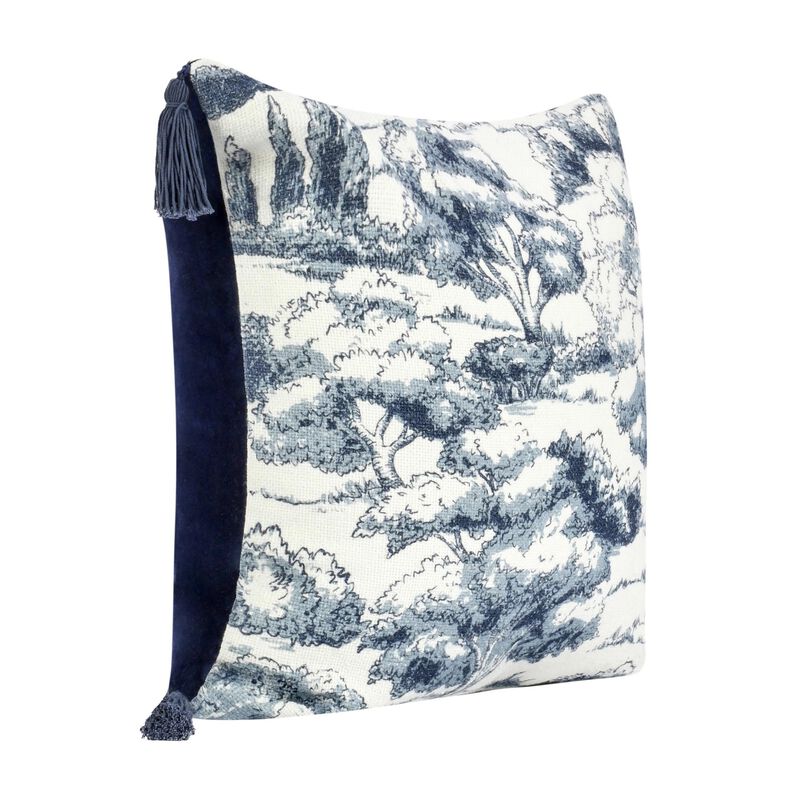 Wod Square Accent Throw Pillow, 22 Inch Blue Toile, Ivory Cotton Blend - Benzara