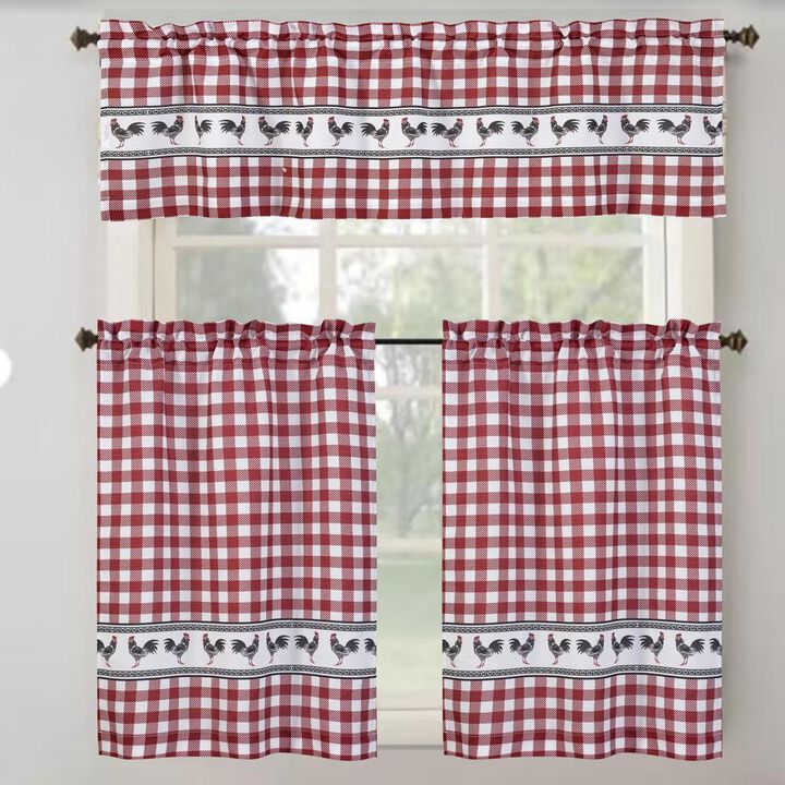 RT Designer's Collection Tribeca Rooster Printed Slub 3 Pieces Kitchen Curtain Set Includes 1 Valance 52" x 18" and 2 Tiers 26" x 36" Each Multi Color