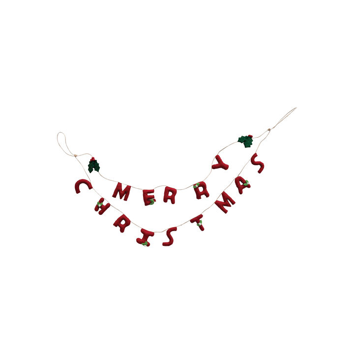 Handmade Wool Felt Garland with Holly Leaves and Berries "Merry Christmas", Red and Green