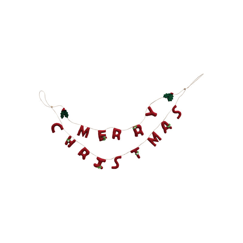 Handmade Wool Felt Garland with Holly Leaves and Berries "Merry Christmas", Red and Green image number 0