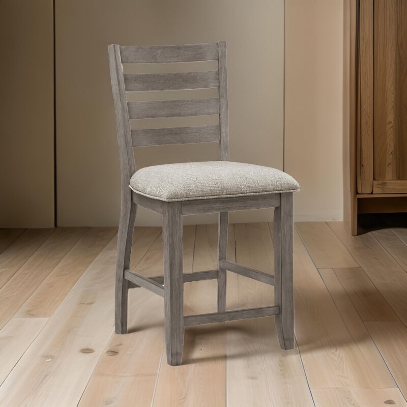 Trea 26 Inch Counter Height Chair, Ladder Back, Polyester, Gray Wood, Set of 2