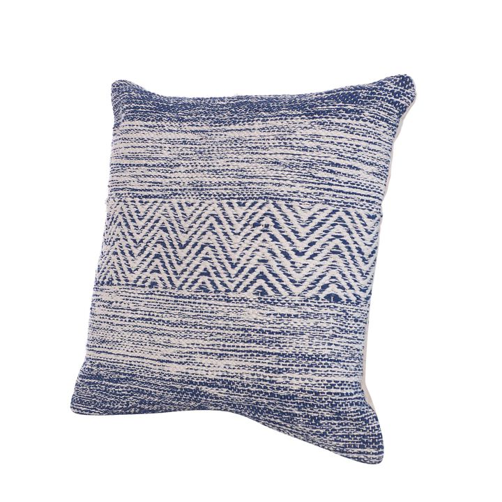 Cabe 18 X 18 Handcrafted Soft Cotton Accent Throw Pillow, Wavy Lined Pattern, Ink Blue, White- Benzara