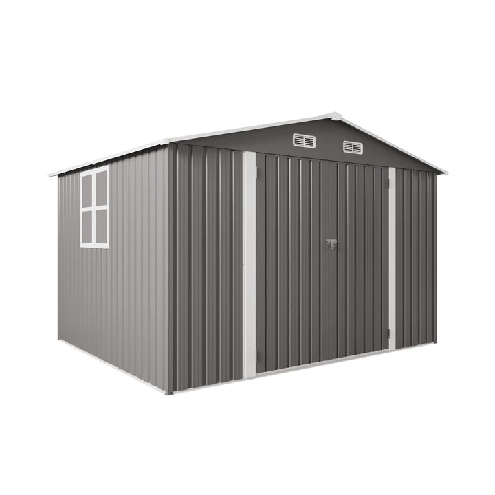 10x8 FT Large Metal Storage Shed, Lockable Door and Air Vent, Clear Window