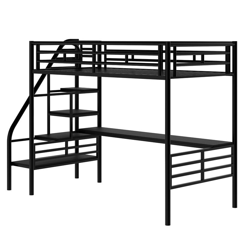Whisen Metal Loft Bed Frame with Desk, No Box Spring Needed,Twin- Black 