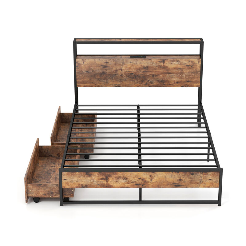 Bed Frame with 2-Tier Storage Headboard and Charging Station