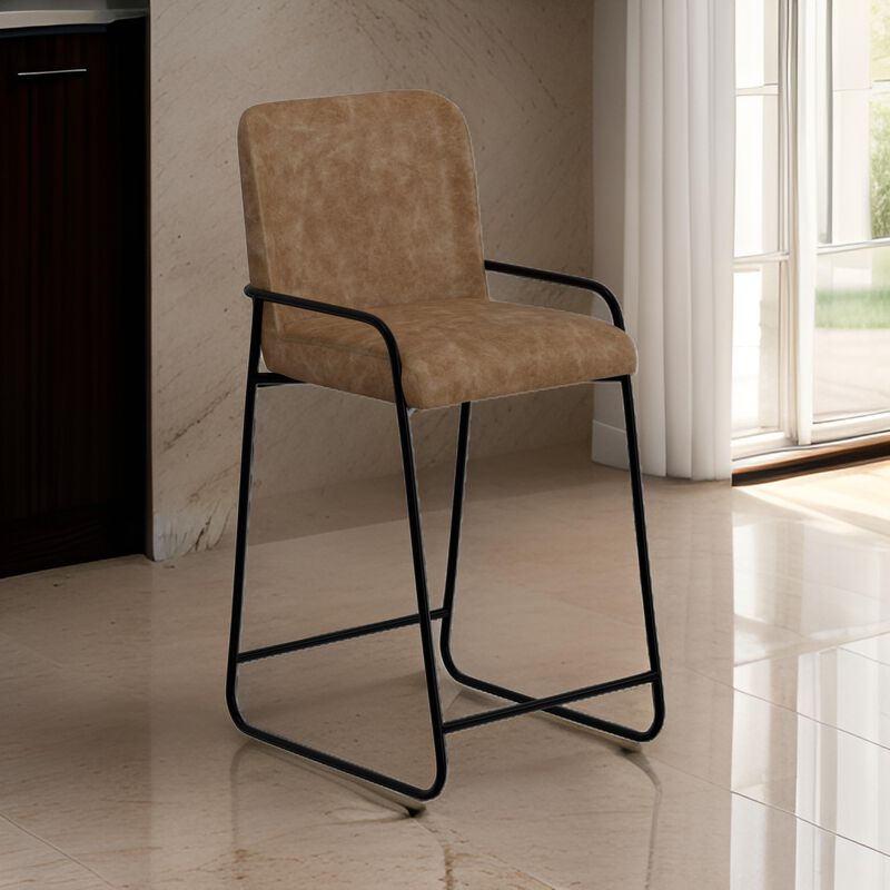 Suze Barstool Chair, Arched Back, Black Iron, Cognac Brown Faux Leather - Benzara