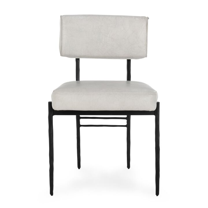 Keto Dining Chair Set of 2, Off White Leather, Black Hammered Iron - Benzara