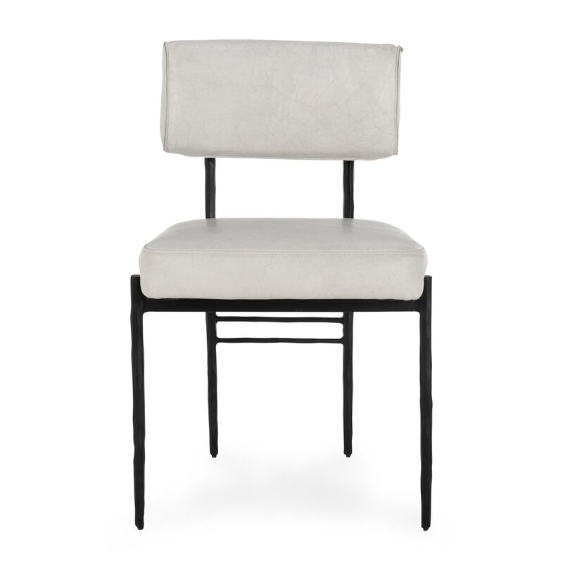 Keto Dining Chair Set of 2, Off White Leather, Black Hammered Iron - Benzara