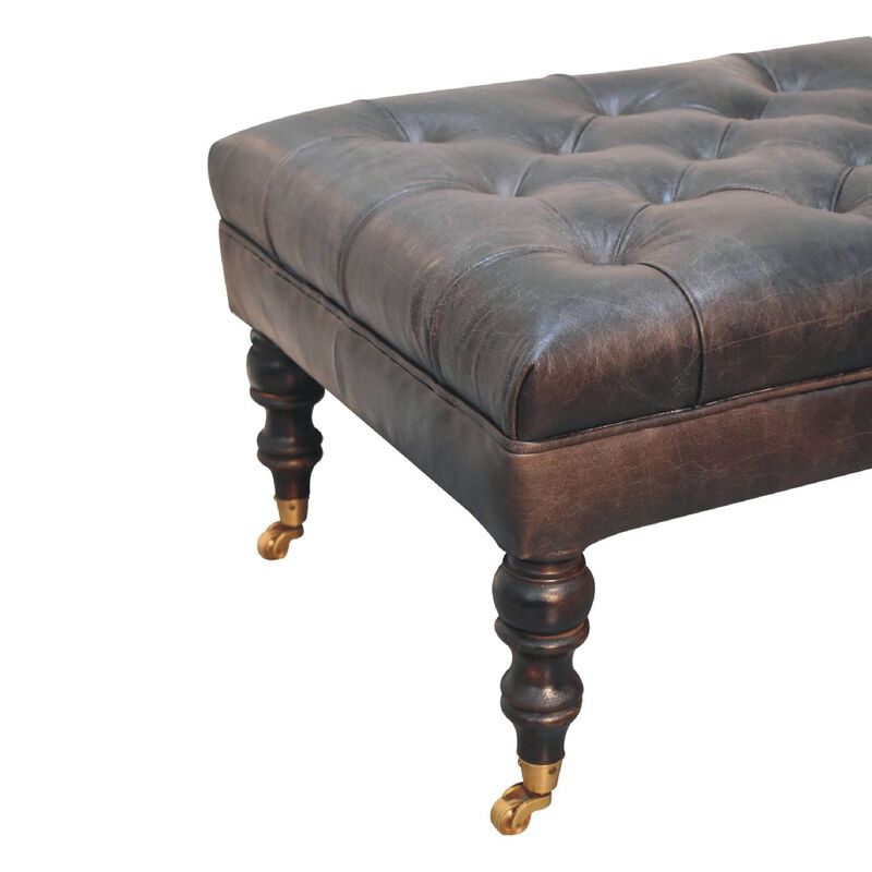Artisan Furniture Solid Wood Buffalo Ash Black Leather Ottoman with Castor Legs