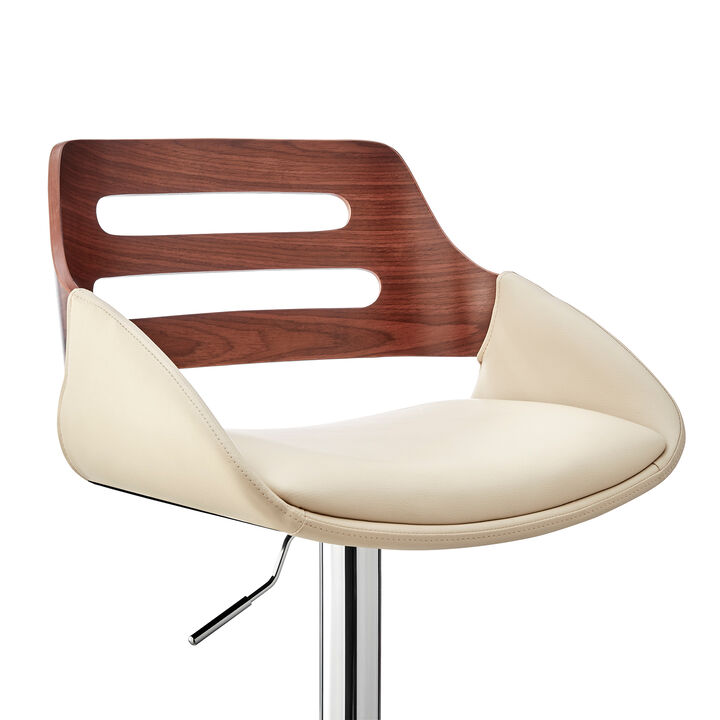 Faux Leather Adjustable Swivel Bar Stool, Walnut and Cream - Benzara