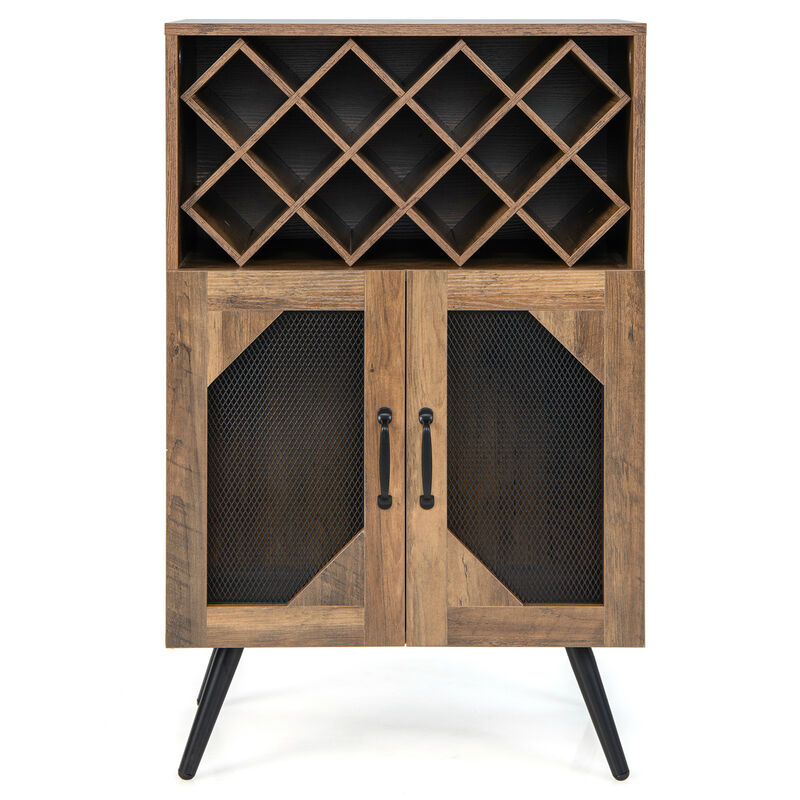 2-Door Farmhouse Kitchen Storage Bar Cabinet with Wine Rack and Glass Holder-Rustic Brown