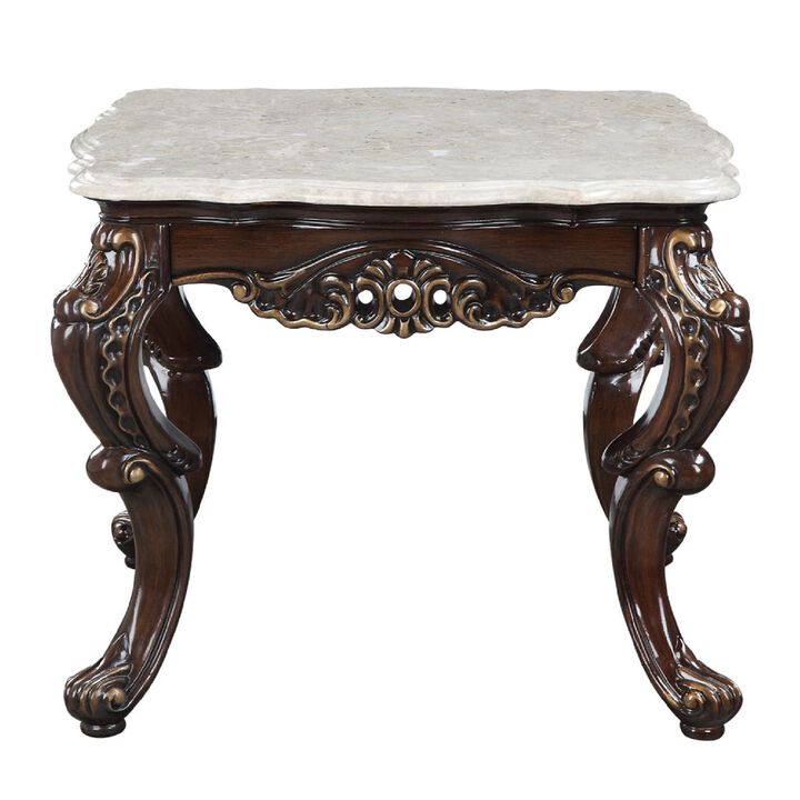 Ben 28 Inch Marble End Table, Scrolled Details, Cabriole Legs, Brown-Benzara