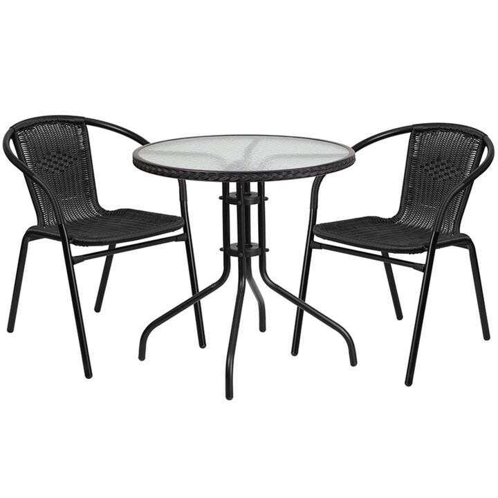 Flash Furniture Lila 28'' Round Glass Metal Table with Black Rattan Edging and 2 Black Rattan Stack Chairs