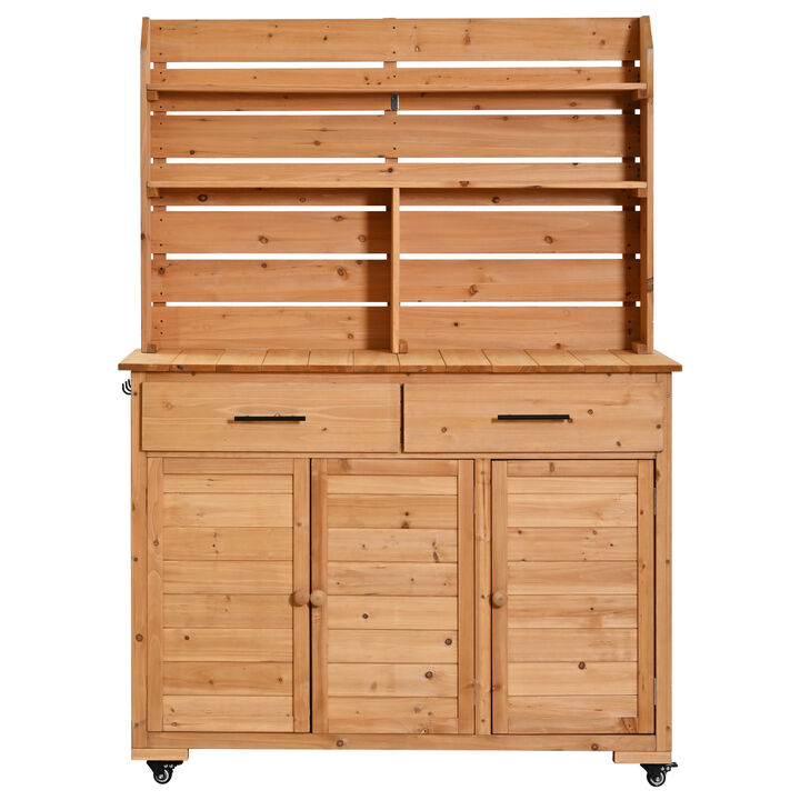 Whisen 65"H Rustic Garden Potting Table with Wheels, Lockable Storage Cabinet & Hutch Top