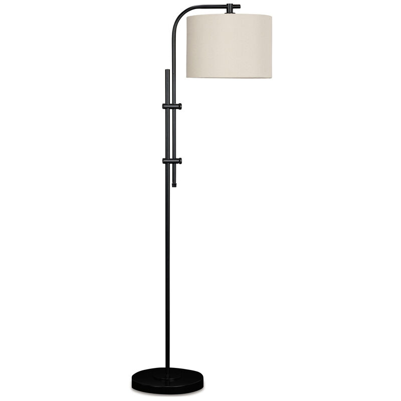 Mney Floor Lamp, Adjustable Arm, White Drum Shade, 60 Inch Black Metal - Benzara