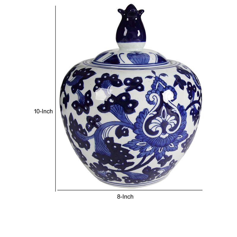 10 Inch Lidded Jar, Round Persian Floral Print, Blue and White Porcelain - Benzara