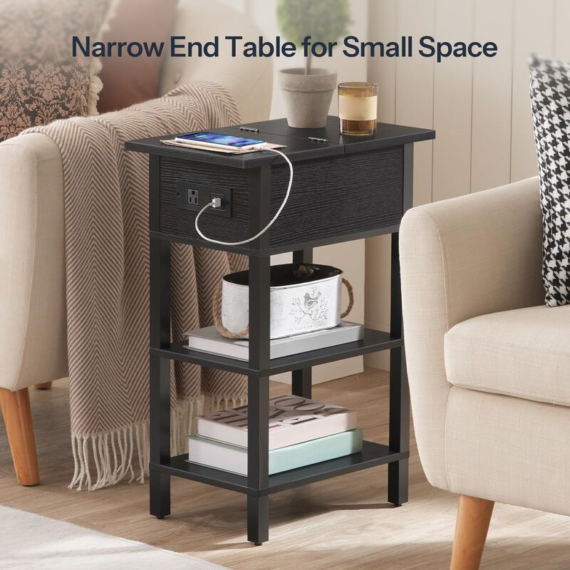 HOOBRO End Table with Charging Station, Flip Top Side Table with USB Ports, Narrow Nightstand Bedside Tables with Storage Shelve