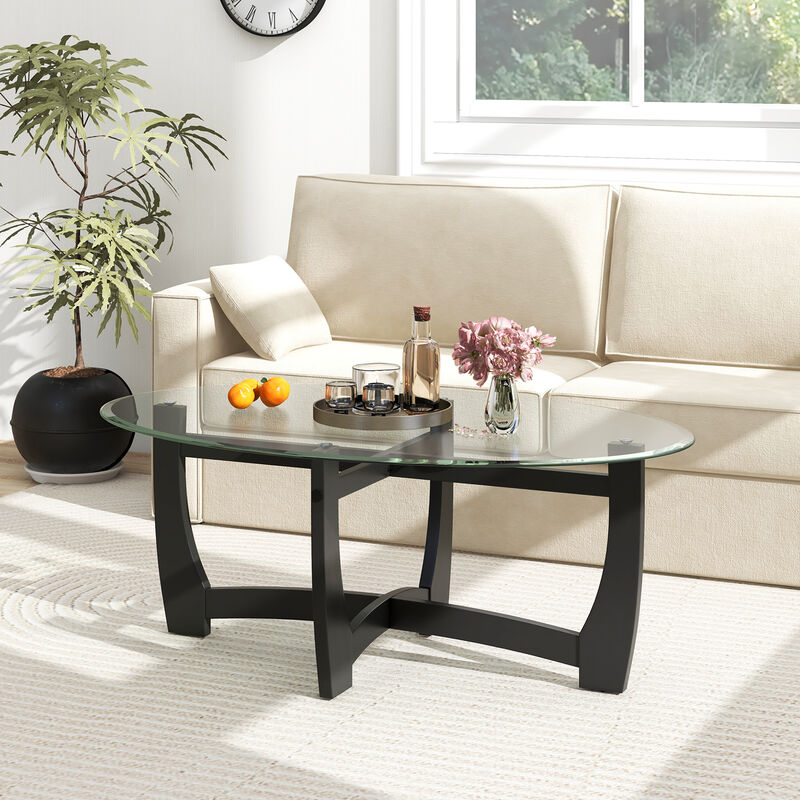Oval Coffee Table with Tempered Glass Tabletop and Rubber Wood Legs