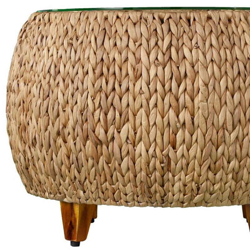 Hivvago 28 Inch Natural And Natural Brown Glass And Solid Wood Round Coffee Table