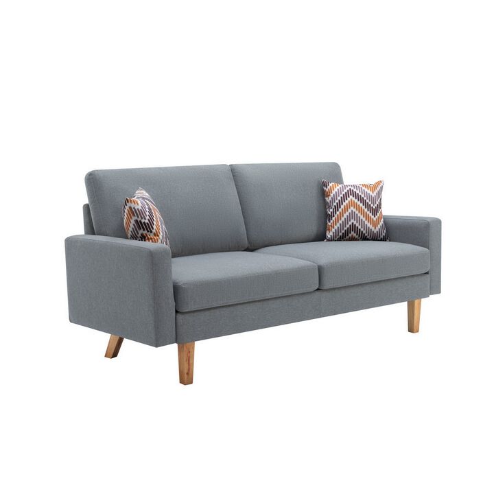 Gala 3 Piece Sofa and Chairs Set, Light Gray Fabric, 2 Pillows, Brown Wood-Benzara