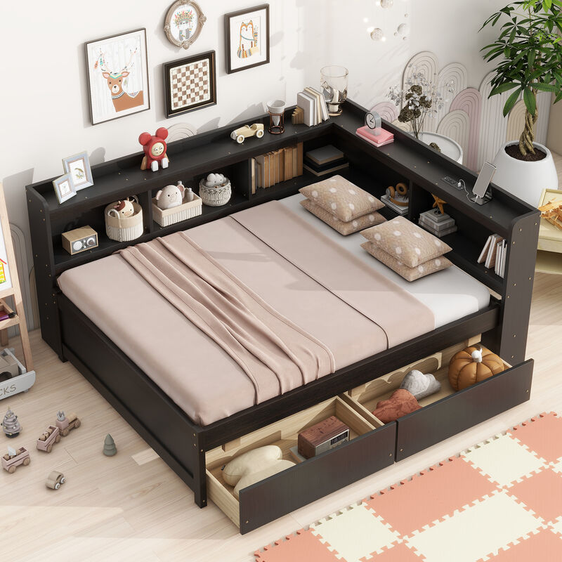 Whisen Full Size L-shaped Bookcases Bed with Power Outlets, USB Charging Ports,Two Drawers image number 1