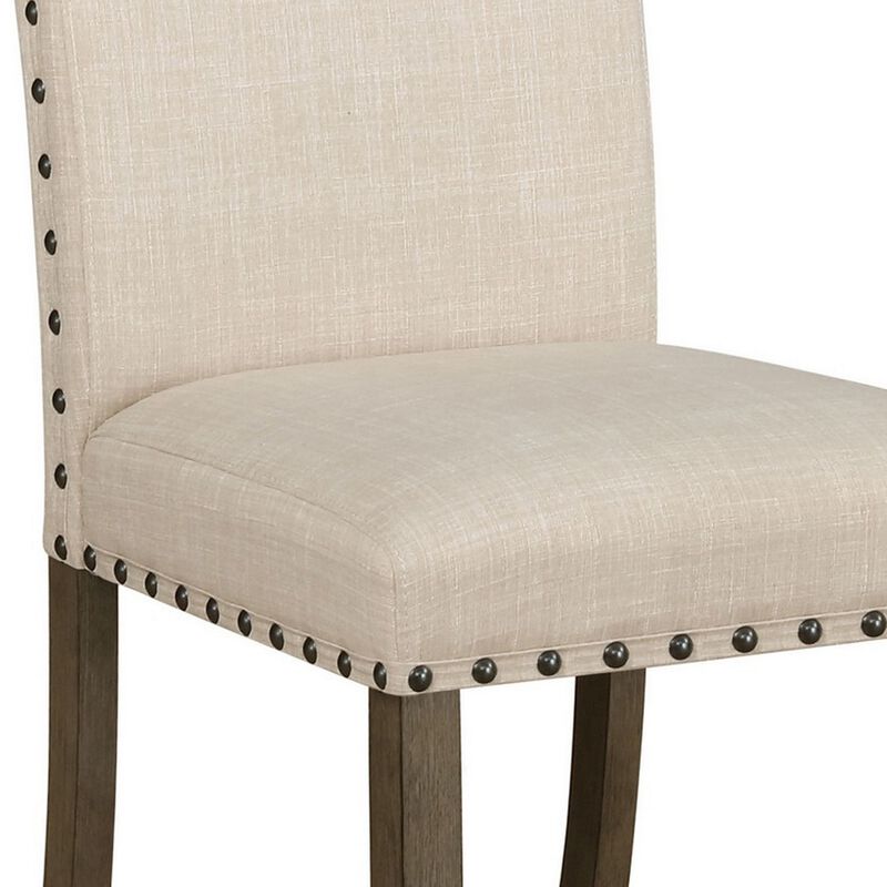 19 Inch Beige Fabric Dining Chair, Set of 2, Rustic Brown, Nailhead Trim - Benzara