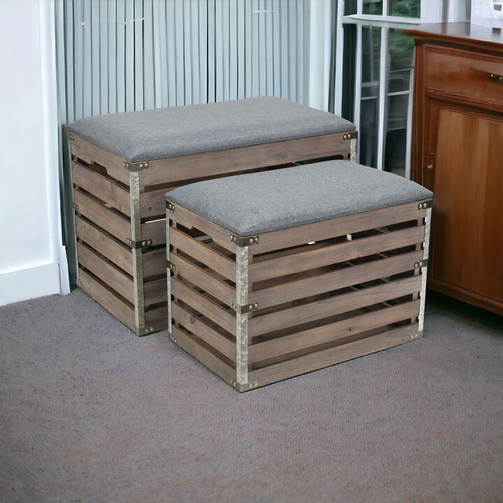 Set of 2 Upholstered Storage Benches with Flip Top and Wood Slat Base for Entryway