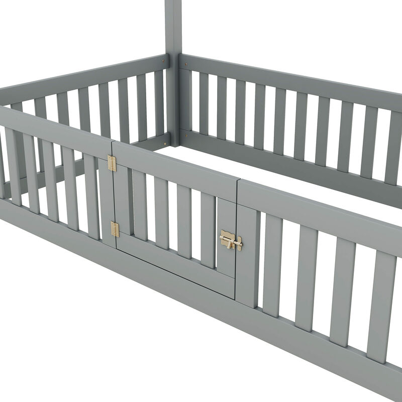 Merax Twin Size Wood House Bed with Fence and Door