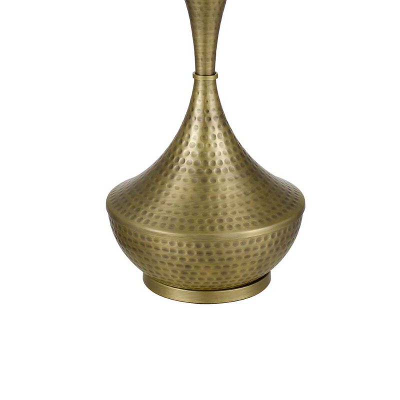 Table Lamp, White Linen Shade, Hammered Antique Brass Retro Hourglass Shape image number 6