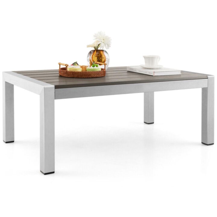Hivvago Modern Rectangular Patio Coffee Table with Plastic Wood Tabletop and Rustproof Aluminum Frame-Gray
