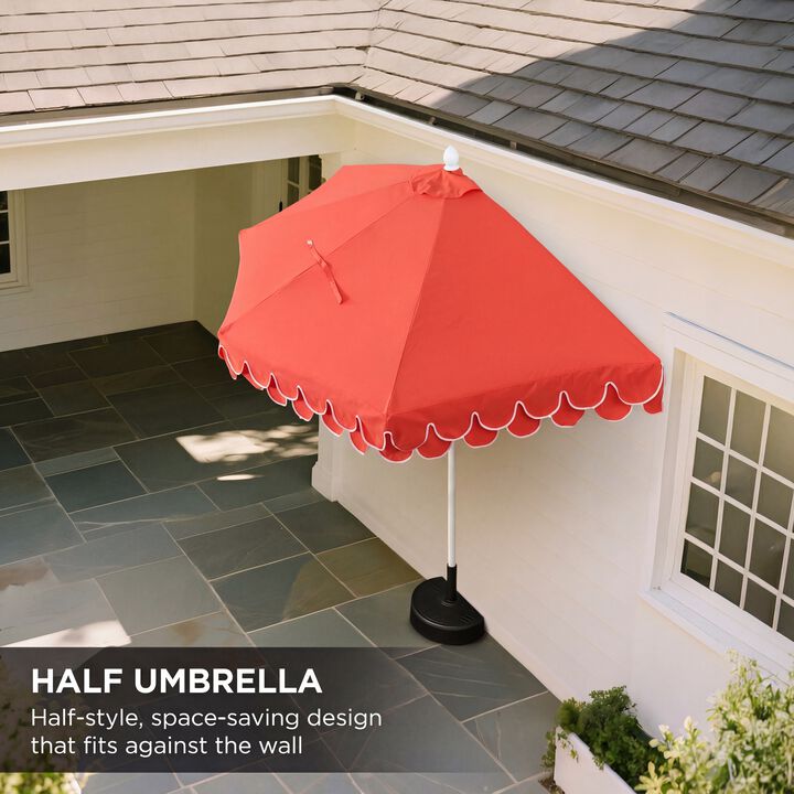 Terrace Arc 9 ft. Classic White Pole MidCentury Scalloped Fringe Market Patio Half Umbrella with Crank, Tilt Button and UV Protection
