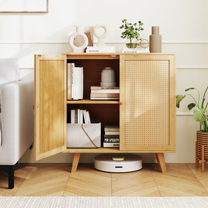 Wicker Buffet Cabinet with Rattan Doors – Rustic Freestanding Kitchen Storage Cupboard