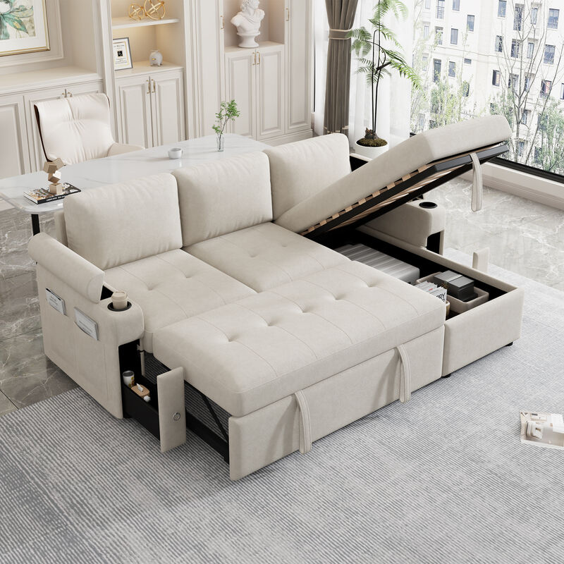 Frakip L‑Shaped Chenille Pull‑Out Sleeper Sectional Sofa image number 3