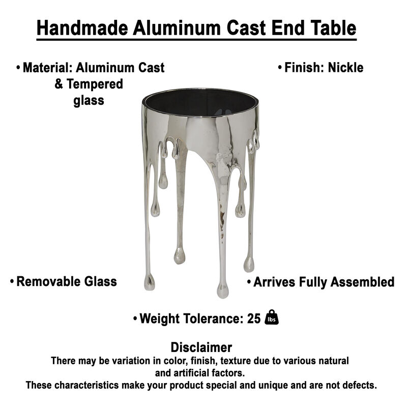 Capri Side End Table | 24.75 Inch Round Glass Top | Melting Drip Design | Silver image number 4