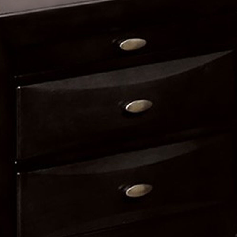 Simo Nightstand, Spacious Top, Metal Knobs, 3 Drawers, Black Solid Wood - Benzara